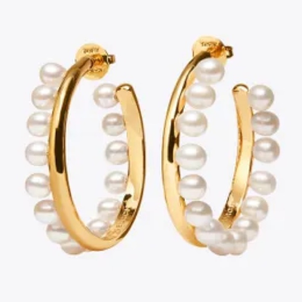 Tory Burch pearl fringe gold hoop earrings